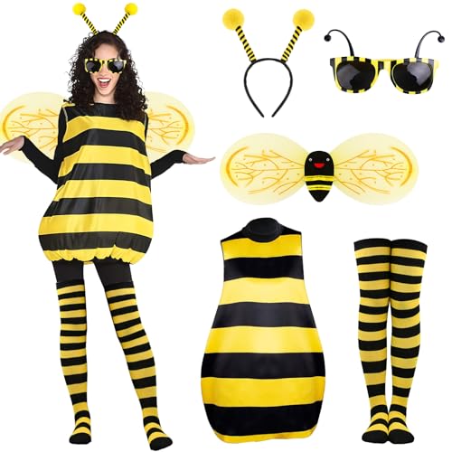 Moiuguli Bienen Kostüm Damen, Bienenkostüm für Erwachsene, Hummel Kostüm mit Biene Haarreif, Flügel, Brille, Socken, für Karneval Dress Up Party Cosplay Themen Party von Moiuguli