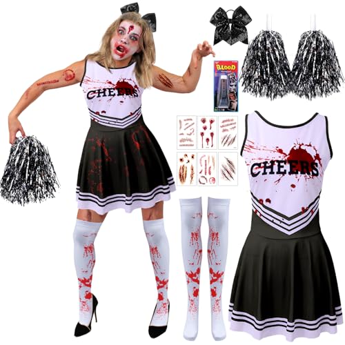 Moiuguli Cheerleader Kostüm Damen, Horror Cheerleader Kostüm, Zombie Cheer-leader Damen mit Cheer-leader Pom Poms Haarband Socken Narben Tattoo Gefülschtes Blut, Halloween Kos-tüm Da-men für Party Moiuguli Cheerleader Kostüm Damen, Horror Cheerleader Kostüm, Zombie Cheer-leader Damen mit Cheer-leader Pom Poms Haarband Socken Narben Tattoo Gefülschtes Blut, Halloween Kos-tüm Da-men für Party von Moiuguli