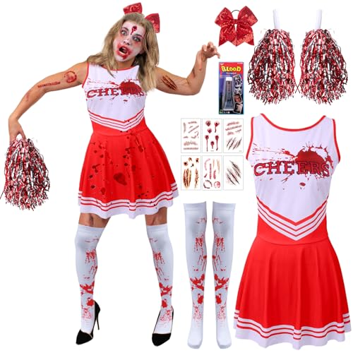 Moiuguli Cheerleader Kostüm Damen, Horror Cheerleader Kostüm, Zombie Cheer-leader Damen mit Cheer-leader Pom Poms Haarband Socken Narben Tattoo Gefülschtes Blut, Halloween Kos-tüm Da-men für Party Moiuguli Cheerleader Kostüm Damen, Horror Cheerleader Kostüm, Zombie Cheer-leader Damen mit Cheer-leader Pom Poms Haarband Socken Narben Tattoo Gefülschtes Blut, Halloween Kos-tüm Da-men für Party von Moiuguli