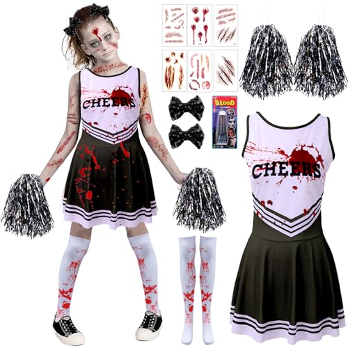 Cheerleader Kostüm Kinder, Horror Cheerleader Kostüm Kinder, Zombie Cheer-leader Mädchen mit Cheer-leader Pom Poms Haarband Socken Narben Tattoo Gefälschtes Blut, Halloween Kos-tüm Mädchen für Party Cheerleader Kostüm Kinder, Horror Cheerleader Kostüm Kinder, Zombie Cheer-leader Mädchen mit Cheer-leader Pom Poms Haarband Socken Narben Tattoo Gefälschtes Blut, Halloween Kos-tüm Mädchen für Party von Moiuguli