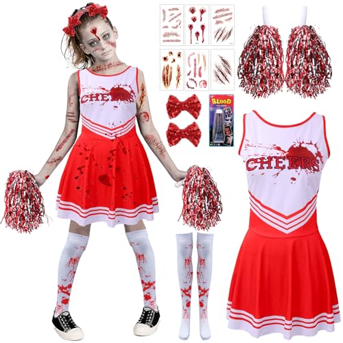 Cheerleader Kostüm Kinder, Horror Cheerleader Kostüm Kinder, Zombie Cheer-leader Mädchen mit Cheer-leader Pom Poms Haarband Socken Narben Tattoo Gefälschtes Blut, Halloween Kos-tüm Mädchen für Party Cheerleader Kostüm Kinder, Horror Cheerleader Kostüm Kinder, Zombie Cheer-leader Mädchen mit Cheer-leader Pom Poms Haarband Socken Narben Tattoo Gefälschtes Blut, Halloween Kos-tüm Mädchen für Party von Moiuguli