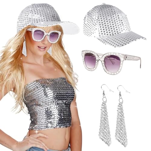 Moiuguli Disco Accessoires, Disco Outfit Damen 60er 70er Jahre Glitzer Accessoires Fasching Disco Zubehör Pailletten Hut Ohrringe Brille Sonnenbrille Schmuck Set für Fasching Karneval Kostüm von Moiuguli