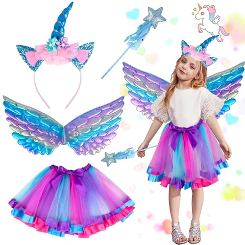 Moiuguli Einhorn Kostüm Kinder, 4 Stück Regenbogen Einhornkostüm Einhorn Kostüm Prinzessin Set mit Einhorn Haarreif, Einhorn Flügel Kinder, Zauberstab, Tüllrock Kinder für Halloween Karneval Cosplay von Moiuguli