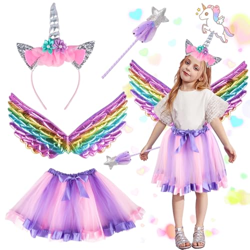 Moiuguli Einhorn Kostüm Kinder, 4 Stück Regenbogen Einhornkostüm Einhorn Kostüm Prinzessin Set mit Einhorn Haarreif, Einhorn Flügel Kinder, Zauberstab, Tüllrock Kinder für Halloween Karneval Cosplay von Moiuguli