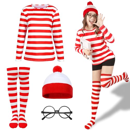 Moiuguli Erwachsene Welttag Kostüm Langarm Rot und Weiß Gestreiftes T-Shirt Weiß & Rot Bommelmütze Socken Runde Brille Karneval Welttag Kostüme Fasching für Frauen (L) von Moiuguli