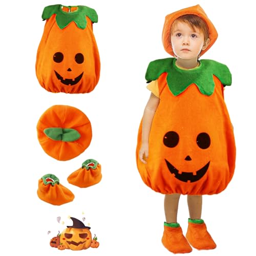 Moiuguli Halloween Kostüm Kürbis, 4PCS Halloween Kostüm Kinder Kürbis Baby Kürbis Kostüm mit Hut und Schuh Halloween Kostüm Kleinkind für Karnevals Halloween Cosplay Party Kleidung für Mädchen Jungen von Moiuguli