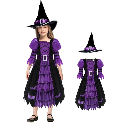 Moiuguli Hexenkostüm Kinder Mädchen, Halloween Zauberer Hexenkleid mit Hexenhut, Lila Hexe Cosplay Kostüm Set für Halloween Karneval Party -3T (3–4 Jahre) von Moiuguli