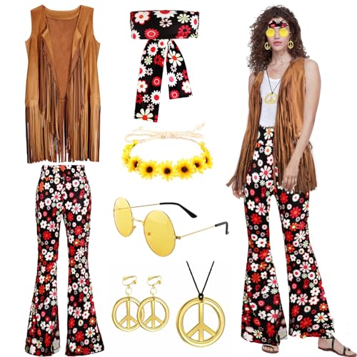 Moiuguli Hippie Kostüm Damen Set, 60er 70er Jahre Faschingskostüm Hippie Kleidung Damen mit Fransenweste Schlaghose Hippie Accessoires, Hippie Kostüm für Karneval Party von Moiuguli