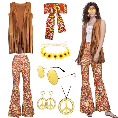 Moiuguli Hippie Kostüm Damen Set, 60er 70er Jahre Faschingskostüm Hippie Kleidung Damen mit Fransenweste Schlaghose Hippie Accessoires, Hippie Kostüm für Karneval Party von Moiuguli