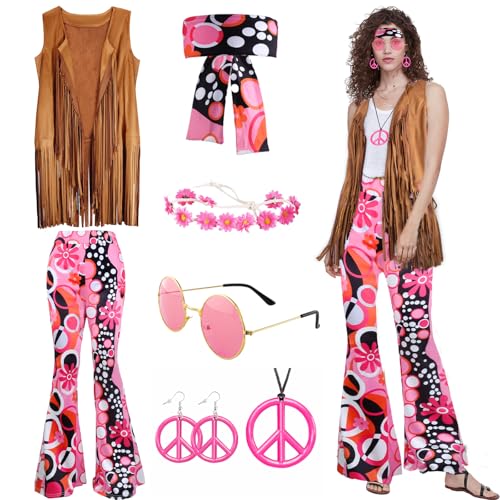 Moiuguli Hippie Kostüm Damen Set, 60er 70er Jahre Faschingskostüm Hippie Kleidung Damen mit Fransenweste Schlaghose Hippie Accessoires, Hippie Kostüm für Karneval Party von Moiuguli