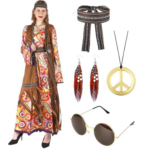 Moiuguli Hippie Kostüm Damen Set, Faschingskostüm Damen Hippie Kleid, 60 er 70er Jahre Bekleidung Damen, Karneval Disco Outfit mit Brille, Halskette, Ohrringen, Kopftücher von Moiuguli