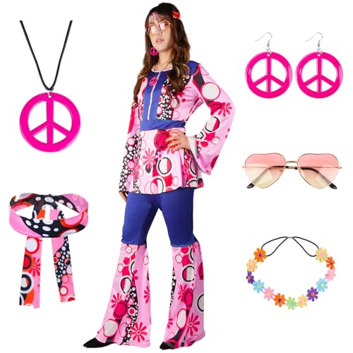 Moiuguli Hippie Kostüm Damen Set, Faschingskostüm Damen Hippie Kleidung Schlaghose mit Accessoires, 60 er 70er Jahre Bekleidung Damen, Disco Outfit mit Brille, Halskette, Ohrringen, Kopftücher von Moiuguli