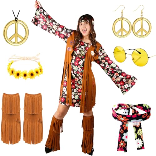 Moiuguli Hippie Kostüm Damen Set, Faschingskostüm Damen Hippie Kleid, 60 er 70er Jahre Bekleidung Damen, Karneval Disco Outfit mit Brille, Haarband, Halskette, Ohrringen, Knöchelsocken, Kopftücher von Moiuguli