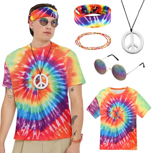 Moiuguli Hippie Kostüm Herren, 60er 70er Jahre Bekleidung Herren Set mit Hippie T-Shirt, Peace Halskette, Stirnband, 60er 70er Jahre Outfit Kostüm Kit für Party Fasching Karneval von Moiuguli