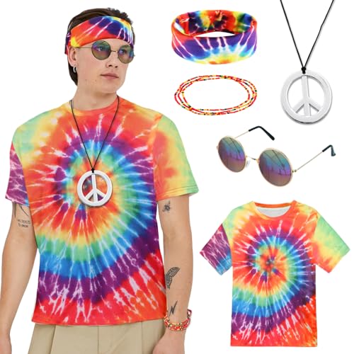 Moiuguli Hippie Kostüm Herren, 60er 70er Jahre Bekleidung Herren Set mit Hippie T-Shirt, Peace Halskette, Stirnband, 60er 70er Jahre Outfit Kostüm Kit für Party Fasching Moiuguli Hippie Kostüm Herren, 60er 70er Jahre Bekleidung Herren Set mit Hippie T-Shirt, Peace Halskette, Stirnband, 60er 70er Jahre Outfit Kostüm Kit für Party Fasching von Moiuguli