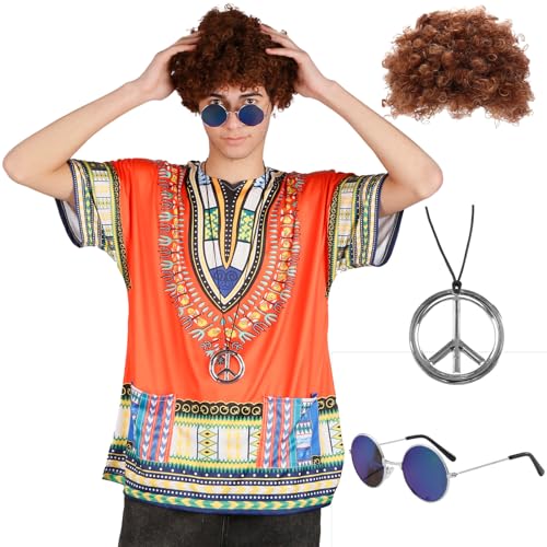 Moiuguli Hippie Kostüm Herren Damen Set, 60er 70er 80er Jahre Outfit Herren, Retro Shirts Herren, Hippie Brille Peace Kette, Perücke Herren, Disco Outfit Karneval Fasching Kostüm von Moiuguli