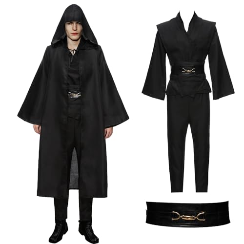 Moiuguli Jedi Kostüm für Herren, Obi Wan Kenobi Jedi Robe Tunika Kapuzenmantel Outfit Umhang mit Kapuze, 7-teilig Mittelalterlich Karneval Halloween Cosplay Ritter Kostüm Requisiten Set von Moiuguli