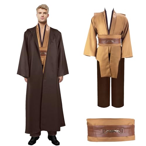 Moiuguli Jedi Kostüm für Herren, Obi Wan Kenobi Jedi Robe Tunika Kapuzenmantel Outfit Umhang mit Kapuze, 7-teilig Mittelalterlich Karneval Halloween Cosplay Ritter Kostüm Requisiten Set von Moiuguli