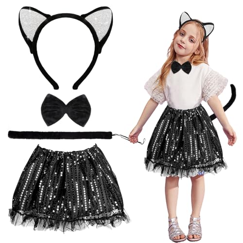 Moiuguli Katzenkostüm Kinder, Karneval Kostüme für Kinder Katzen Kostüm Mädchen 4 Stück Tierkostüm Kinder mit Schwarzes Paillette Tutu, Katzenohren, Schleif Fliege, Tail für Mädchen Karneval Cosplay von Moiuguli