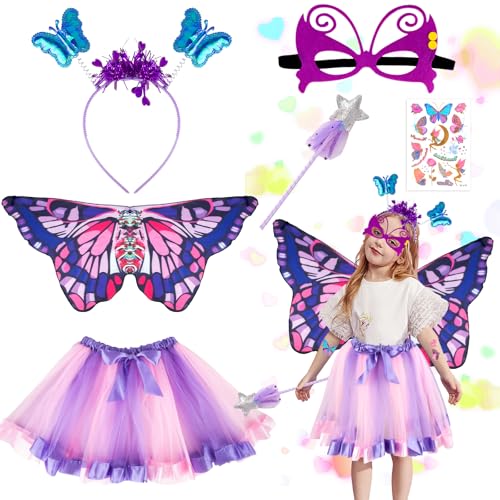 Schmetterling Kostüm Kinder, 6 Stück Schmetterlingsflügel Kinder Schmetterling Umhang Kostüm kinder mit Bunte Flügel, Maske, Tüllrock, Zauberstab, Haarreif und Tattoos für Karneval Kostüm Kinder von Moiuguli