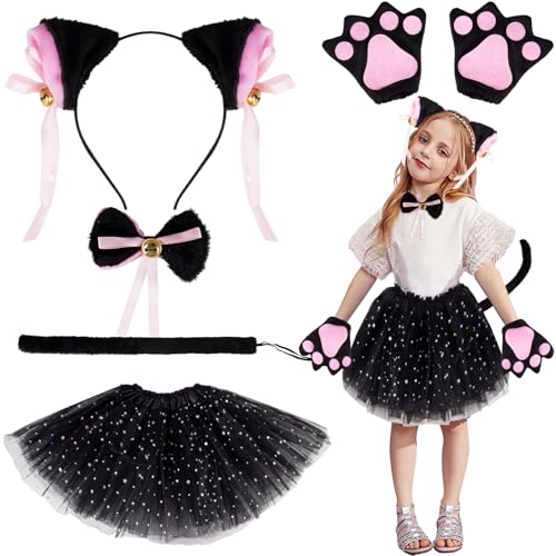 Moiuguli Kostüm Kinder, Katzenkostüm Mädchen Faschingskostüme Kinder 6 Stück Tierkostüm Kinder mit Tutu Rock Kinder, Katzenohren, Handschuhe, Schleif Fliege, Tail für Mädchen Karneval Cosplay von Moiuguli