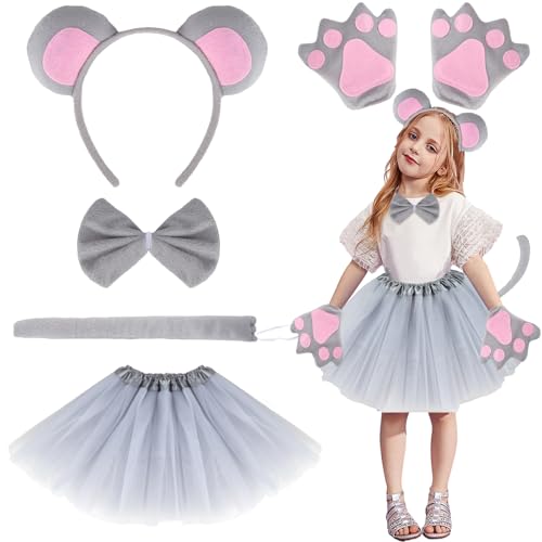 Maus Kostüm Kinder, Faschingskostüme Kinder Tiere Kostüm Maus Mädchen 6 Stück Tierkostüm Kinder mit Tutu Rock Kinder, Maus Ohren, Handschuhe, Schleif Fliege, Tail für Mädchen Karneval Cosplay von Moiuguli