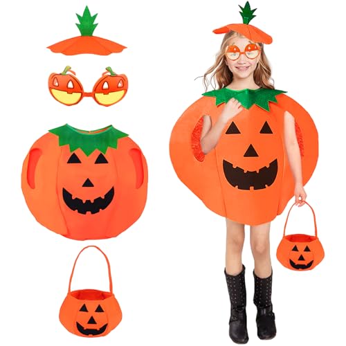 Moiuguli Kürbis Kostüm, Halloween Kostüm Kinder Kürbis Halloween Kürbis Kostüm mit Kürbiskorb, Hut und Gläser Halloween Kostüme für Mädchen Junge für Cosplay Party Kleidung, Karneval von Moiuguli