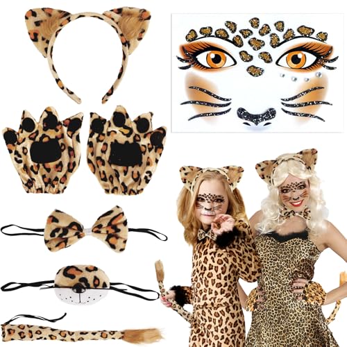 Moiuguli Leoparden Kostüm Set, 6 Stück Leoparden Kostüm Damen Kinder, Leoparden Ohren Haarreif, Leopard Tattoo Gesicht, Leopard Schwanz, Fliege, Handschuhe, Leopard Nase, für Fasching,Karneval,Party von Moiuguli