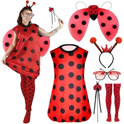 Moiuguli Marienkäfer Kostüm Damen, Marienkäfer Kostüm Erwachsene mit Flügel Brille Beinärmel Haarreif Zauberstab Faschingskostüme Damen Lustig für Karneval Fasching Mottoparty Dress Up Party Cosplay von Moiuguli