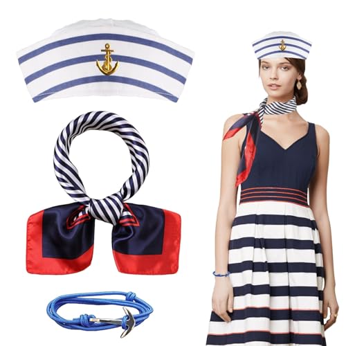 Moiuguli Matrosen Kostüm Damen, 3 Stück Kapitän Matrosen Kostüm Set, Streifen Matrosenmütze+Schal+Blaues Ankerarmband, Matrosen Kostüm Zubehör Karneval Kostüm, für Karneval Yacht Party Cosplay von Moiuguli