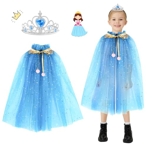 Moiuguli Prinzessin Umhang Mädchen, Blau Prinzessin Kostüm Mädchen Verkleidung Mädchen mit Prinzessin Krone Karneval Kostüm Umhang Kinder für Themeparty, Halloween, Cosplay von Moiuguli