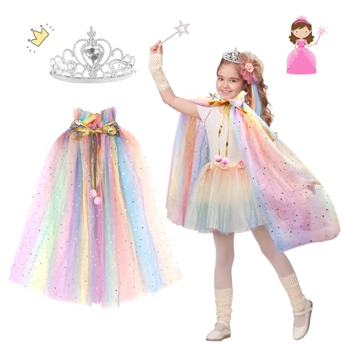 Moiuguli Prinzessin Umhang Mädchen, Farbe Kostüm Mädchen Verkleidung Mädchen mit Krone Karneval Kostüm Umhang Kinder für Themeparty, Halloween, Cosplay von Moiuguli