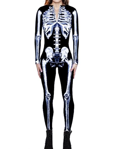 Moiuguli Skelett Kostüm Damen, Schwarzes Halloween Kostüm Damen Gruselig Skelett Leggings mit V-Ausschnitt Reißverschluss Kleid Body Jumpsuit Overall Bodysuit für Halloween Karneval Fasching Cosplay von Moiuguli