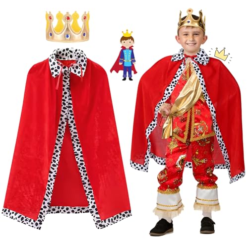 Moiuguli Prinz Kostüm Kinder, Prinz Umhang Kinder König Kostüm Kinder Rot Kinder Kostüm Junge mit Krone König Junge König Umhang Königsmantel 90cm für Prinzenparty, Karneval, Halloween, Cosplay von Moiuguli