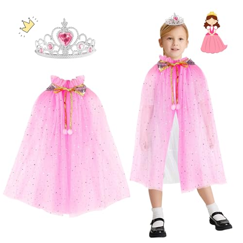 Moiuguli Prinzessin Umhang Mädchen, Rosa Prinzessin Kostüm Mädchen Verkleidung Mädchen mit Prinzessin Krone Karneval Kostüm Umhang Kinder für Themeparty, Halloween, Cosplay von Moiuguli