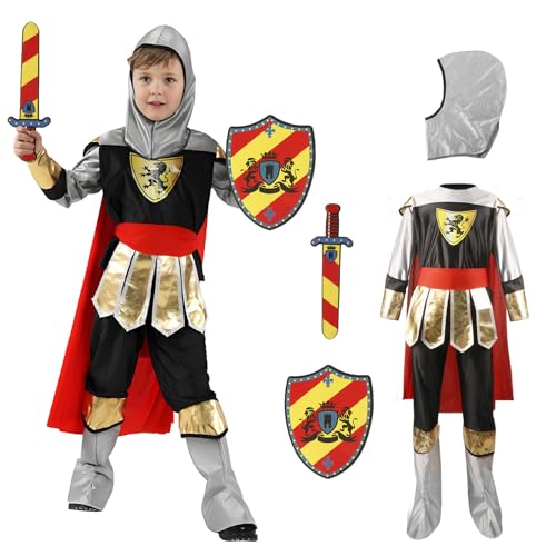 Ritter Kostüm Kinder, Junge Ritterkostüm Zubehör mit Ritterhelm Ritterrüstung Ritterschild und Schwert Mittelalter König Ritterkostüm Kinder Junge Karneval Kostüm Kinder Halloween Dress Up Party von Moiuguli