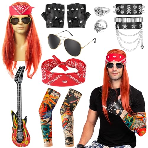 Rocker Kostüm Herren, 12 Stück Punk Gotik Rocker Kit 80er 90er Jahre Hip Hop Outfits mit Perück Gläser Tattoo ärmel Luftgitarre Handschuhe Bandanas Armband und Ringe für Männer Frauen Party Cosplay von Moiuguli