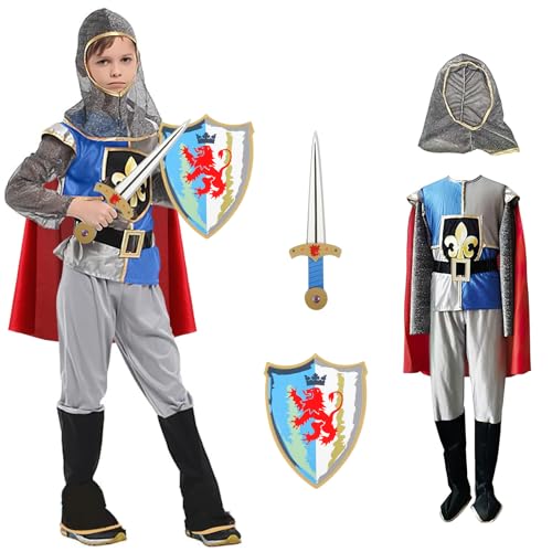 Ritter Kostüm Kinder, Junge Ritterkostüm Zubehör mit Ritterhelm Ritterrüstung Ritterschild und Schwert Mittelalter König Ritterkostüm Kinder Junge Karneval Kostüm Kinder Halloween Dress Up Party von Moiuguli