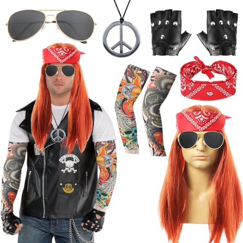 8 Pcs Rocker kostüm Herren, 70er 80er 90er Jahre Outfit Punk Disco Rave mit Perücke Stirnband Sonnenbrille Handschuhen Tattoo Ärmeln Peace & Love Halsketten Faschingskostüme Männer von Moiuguli