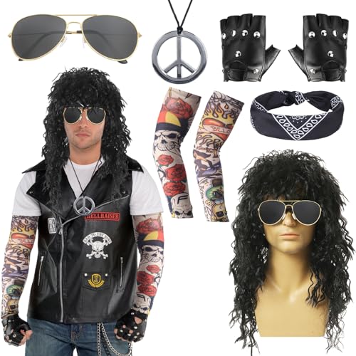 8 Pcs Rocker kostüm Herren, 70er 80er 90er Jahre Outfit Punk Disco Rave mit Vokuhila Perücke Stirnband Sonnenbrille Handschuhen Tattoo Ärmeln Peace & Love Halsketten Faschingskostüme Männer von Moiuguli