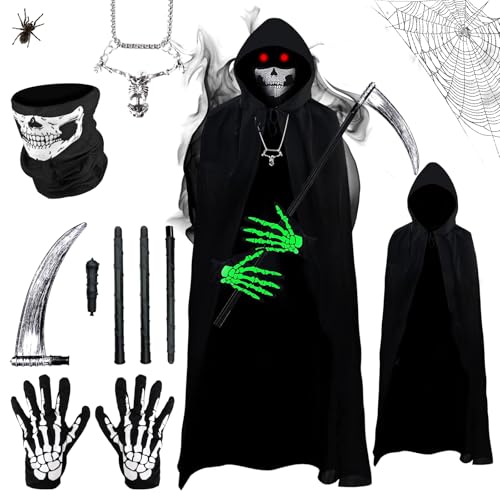 Sensenmann Kostüm Herren, Schwarzer Umhang mit Kapuze, Halloween Kostüm Set mit Skelett Maske Totenkopf Leuchthandschuhe, Halskette, Sichel Geeignet für Jugendliche Erwachsene Männer Damen (120-150CM) von Moiuguli