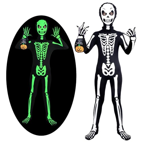 Skelett Kostüm Kinder, Halloween Kostüm Kinder Leuchtend im Dunkeln Schwarz Skelebones Jumpsuit Kürbisbeutel Separate Kapuze Skelett Kostüm für Junge Cosplay Dress Up Party 5 6 7 8 9 10 11 12 13 14 von Moiuguli