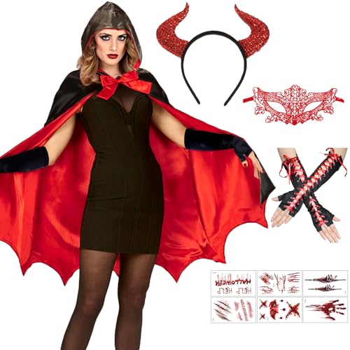 Teufel Kostüm Damen, Halloween Kostüm Damen Vampir Umhang, Kapuzenumhang Schwarz Rot Doppelseitig mit Augenmaske aus Spitze, Tattoo, Teufelsstirnband und Satinhandschuhen für Cosplay Halloween Party von Moiuguli