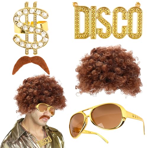 Vokuhila Perücken Set 5 Stück für Herren - 70er & 80er Jahre Outfit mit Afro Perücke, Disco Schnurrbart, Sonnenbrille, Halskette, Dollar Ring Human Hair Wig, Zuhälter Kostüm Accessoires für Karneval von Moiuguli