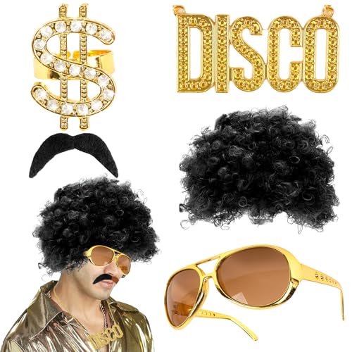 Vokuhila Perücken Set 5 Stück für Herren - 70er & 80er Jahre Outfit mit Afro Perücke, Disco Schnurrbart, Sonnenbrille, Halskette, Dollar Ring Human Hair Wig, Zuhälter Kostüm Accessoires für Karneval von Moiuguli