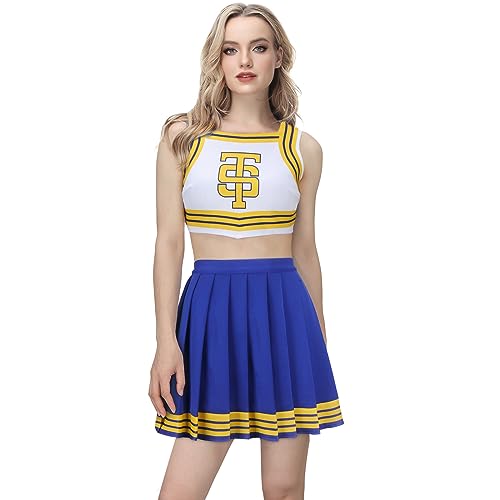 Mokkin Tay Tay Tay Cheerleader-Kostüm für Erwachsene, Mädchen, schnelles Cheerleading-Crop-Top mit Faltenrock, Halloween-Outfit (blau, groß) von Mokkin