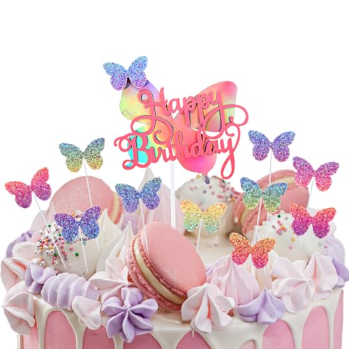 Molain 11 Stück Happy Birthday Tortendeko, Schmetterling Tortendeko Geburtstag Kuchen Deko Geburtstag Happy Birthday Kuchendeko Tortendeko Mädchen Happy Birthday Cake Topper von Molain