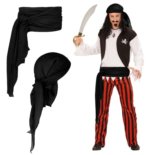 Molain 2-teiliges Zubehör für Halloween-Piratenkostüme, Piraten-Kopftuch, Hut, Hüftgürtel, Cosplay-Piraten-Stirnband, Renaissance, Wikinger-Bandana für Frauen und Männer (Schwarz) von Molain