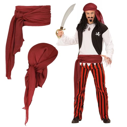 Molain 2 Teiliges Zubehör für Halloween Piratenkostüme Piraten Kopftuch Hut Hüftgürtel Cosplay Piraten Stirnband Renaissance Wikinger Bandana für Frauen Männer (Tiefrot) von Molain