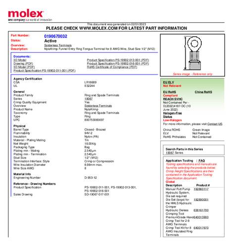 Molex 190670032 Ringkabelschuh Loch-Ø=12mm Bulk von Molex